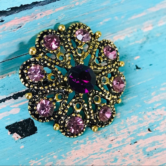 Vintage Inspired Gramacore Style Purple & Gold-Tone Crystal Brooch Pin - Picture 3 of 4